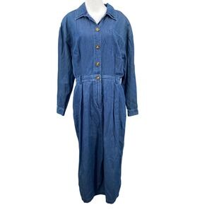 Vintage 90s Talbots Denim Dress Button Front Belted Midi Size 14 Western Boho